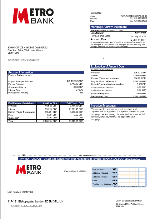 Download United Kingdom Metro bank  mortgage statement in Word and PDF formats Photoshop template